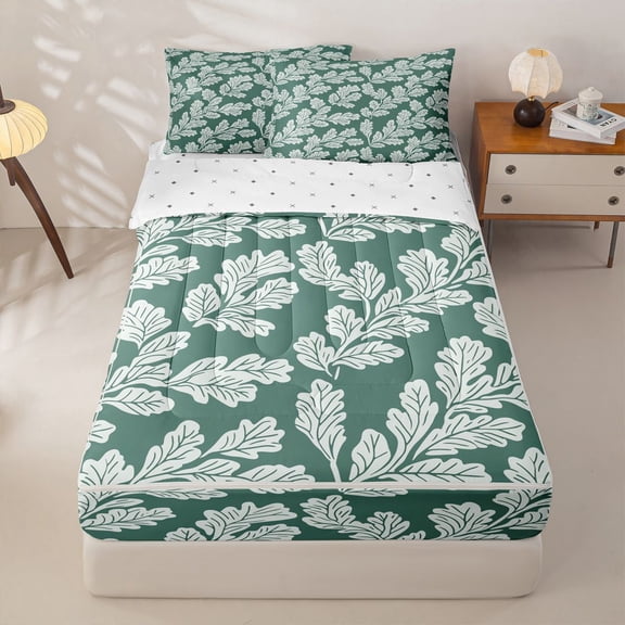 Homewish Rustic Plant Leaves Zipper Full Size Comforter Sets with Fitted Sheet and 2 Pillowcases,Green White Zipper Bedding Set For Girls Kids,Reversible,4 Pieces