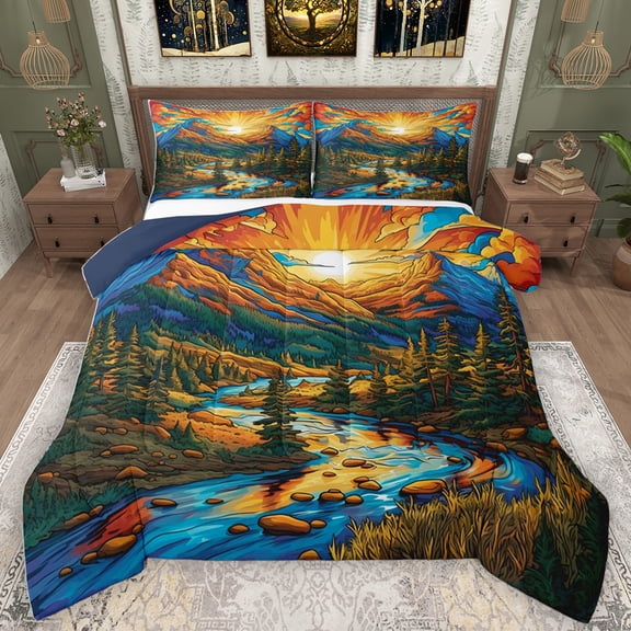 Homewish Rustic Plant Tree Bedding Comforter Set,Gold Sky Clouds Twin Comforter Sets,Natural Landscape Bedding Set For Men Women,Microfiber Bedroom Decor Reversible,2 Pieces