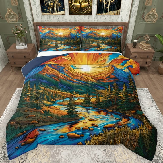 Homewish Rustic Plant Tree Queen Comforter Set,Gold Sky Clouds Bedding Sets,Natural Landscape Bedding Comforter Set For Men Women,Microfiber Bedroom Decor Reversible,3-Piece