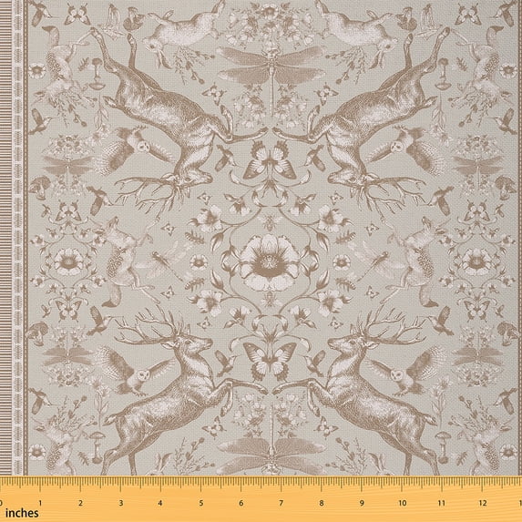 Homewish Rustic Reindeer Print Fabric by the Yard 1 Yard, Western Bohemian Animal Room Decor Fabric by the Yard, Vintage Flower Floral Sewing Fabric, Luxury Bedroom Decor