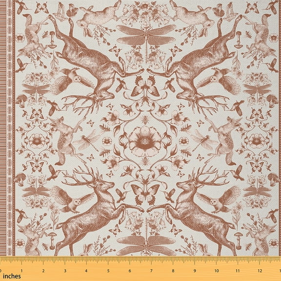 Homewish Rustic Reindeer Print Fabric by the Yard 2 Yards, Western Bohemian Animal Sewing Fabric, Vintage Flower Floral Fabric for Sewing, Breathable Home Decor