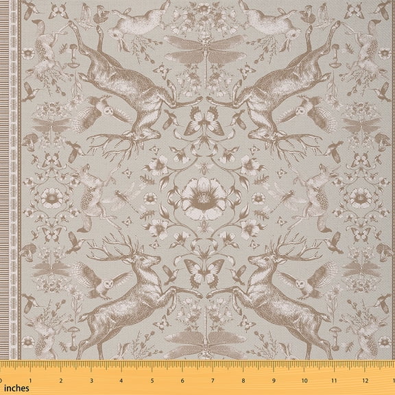 Homewish Rustic Reindeer Print Fabric by the Yard 2 Yards, Western Bohemian Animal Sewing Fabric, Vintage Flower Floral Fabric for Sewing, Luxury Bedroom Decor