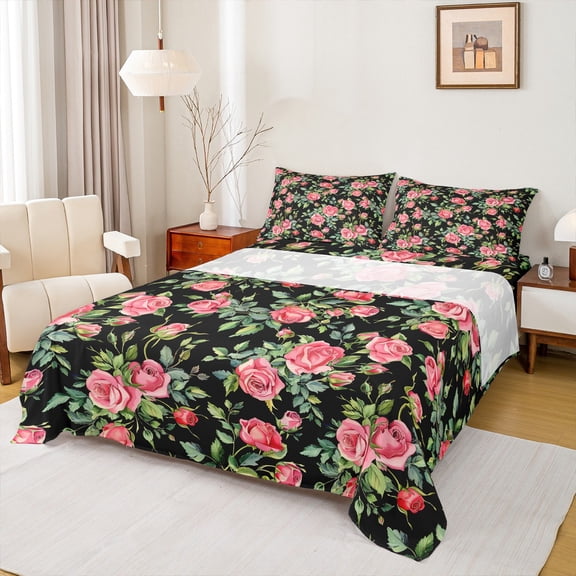 Homewish Rustic Rose Flower Twin Sheet Sets,Country Plant Twin Fitted Sheet,Pink Green Black 03 For Girl Kids,Breathable Home Decor,3pcs