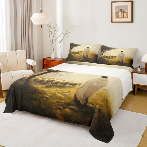 Homewish Rustic Sheep Animal Queen Sheet Sets, Psychedelic Christian Flat Sheet, Bible Verses Theme Queen Fitted Sheet, Microfiber Bedroom Decor, 4-Piece