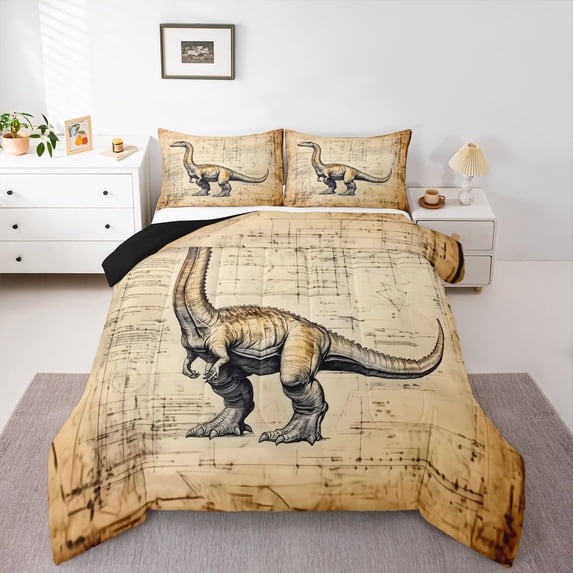 Homewish Rustic Sketch Dino Full Size Comforter Sets,Jungle Wildlife Bedding Comforter Set,Brown,Black Reversible,3-Piece,1 Comforter and 2 Pillowcases