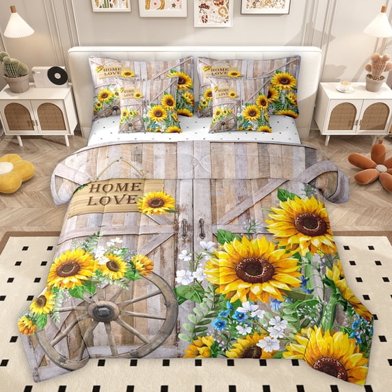 Homewish Rustic Sunflower 7-Piece Bedding Comforter Set,Country Farmhouse Lodge King Bedding Sets,Yellow Floral Bed Sheets For Boys Girls,Breathable Home Decor