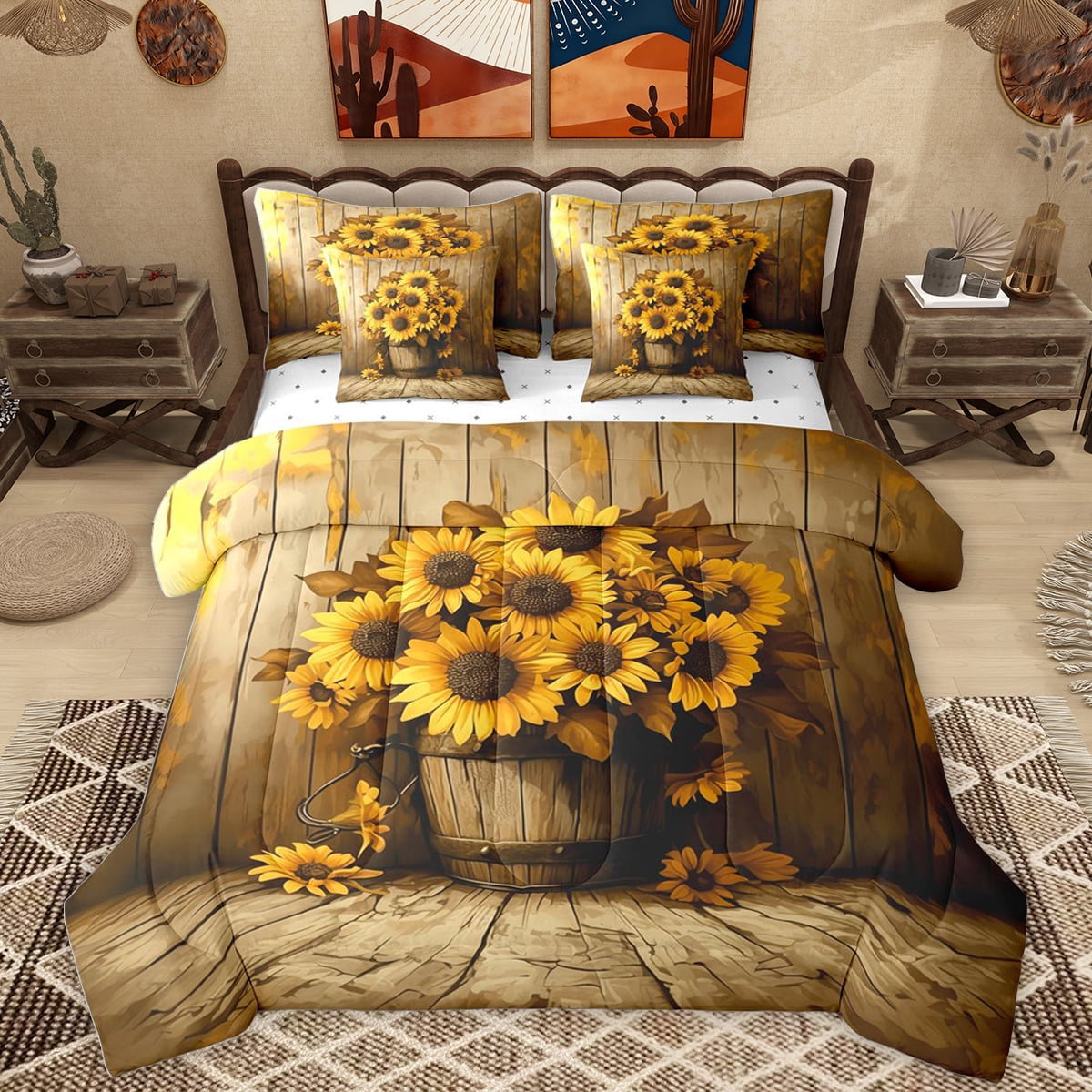 Homewish Rustic Sunflower 7-Piece Twin Bedding Sets,Old Barn Door Bedding Comforter Set,Country Floral Sheet Sets For Girls Boys,Luxury Bedroom Decor Reversible