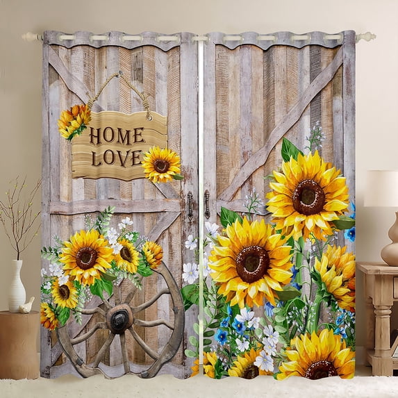 Homewish Rustic Sunflower Black Out Curtains,Country Farmhouse Lodge Curtains Pack of 2 (42x63 Each),Yellow Floral Bedroom Curtains For Boys Girls,Breathable Home Decor