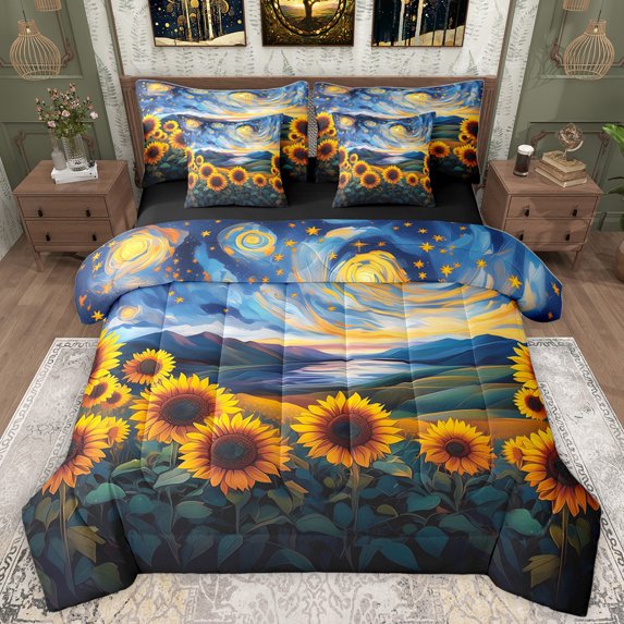 Homewish Rustic Sunflower Flower 7-Piece Twin Bedding Sets,Beauty Natural Scenery Bedding Comforter Set,Oil Painting Aesthetic Sheet Sets For Girls Kids,Microfiber Bedroom Decor Reversible