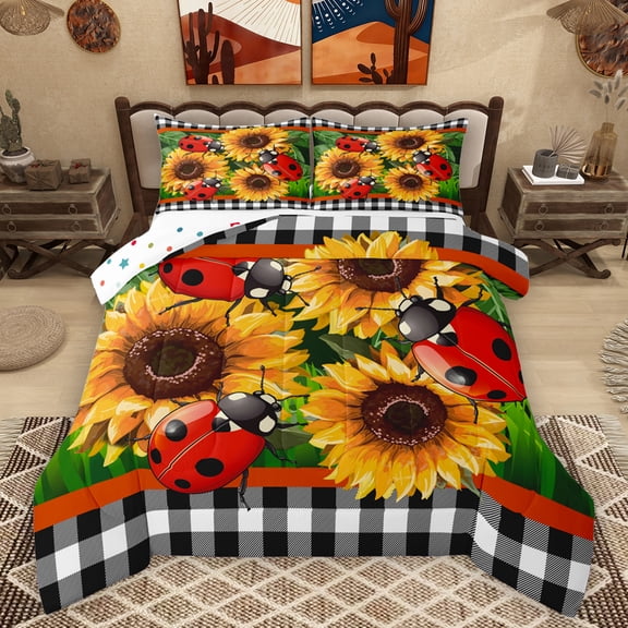 Homewish Rustic Sunflower Queen Comforter Set,Country Ladybug Bedding Sets,Orange Red Black Bedding Comforter Set For Boys Girls,Breathable Home Decor Reversible,3-Piece