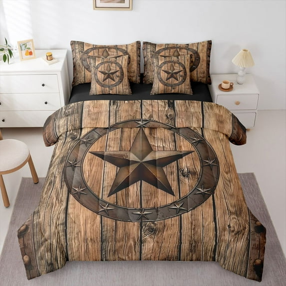 Homewish Rustic Texas Stars Bedding Comforter Set 7 Pieces for Adult, Farmhouse Cabin Full Bedding Set, Old Barn Door Reversible Fitted Sheet Flat Sheet, Luxury Bedroom Decor