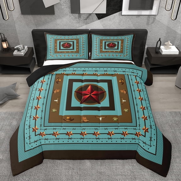 Homewish Rustic Texas Stars Bedding Comforter Set, Western Cowgirl Cowboy Twin Comforter Sets, Teal Bohemian Style Reversible Bedding Set, Lightweight Room Decor, 2pcs