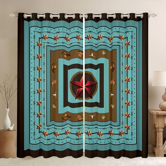 Homewish Rustic Texas Stars Black Out Curtains, Western Cowgirl Cowboy Curtains Pack of 2 (42x63 Each), Teal Bohemian Style Bedroom Curtains, Black Out Curtains Room Decor