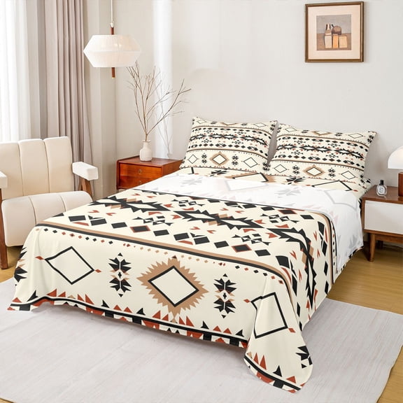 Homewish Rustic Tribal Aztec Bed Sheets, Vintage Square Triangle King Sheets, Mandala Aztec Style Sheet Set, Lightweight Room Decor, 4pcs