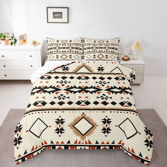 Homewish Rustic Tribal Aztec Queen Comforter Set, Vintage Square Triangle Bedding Sets, Mandala Aztec Style Reversible Bedding Comforter Set, Lightweight Room Decor, 3pcs