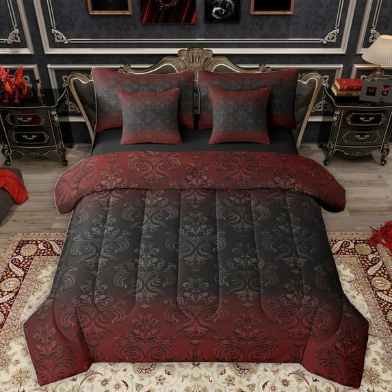 Homewish Rustic Victorian Floral 7-Piece Twin Bedding Sets,Red Black Damask Bedding Comforter Set,Baroque Flower Sheet Sets For Adult,Breathable Home Decor Reversible
