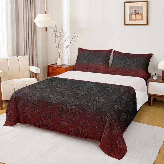 Homewish Rustic Victorian Floral Twin Sheet Sets,Red Black Damask Twin Fitted Sheet,Baroque Flower Flat Sheet For Adult,Breathable Home Decor,3-Piece