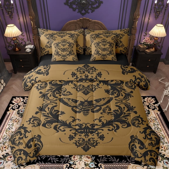 Homewish Rustic Victorian Flower 7-Piece Bedding Comforter Set,Baroque Damask Pattern King Bedding Sets,Brown Black Bed Sheets For Adult,Luxury Bedroom Decor Reversible