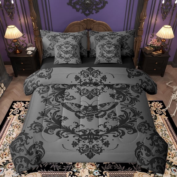 Homewish Rustic Victorian Flower 7-Piece Bedding Comforter Set,Baroque Damask Pattern King Bedding Sets,Gothic Moth Bed Sheets For Adult,Luxury Bedroom Decor Reversible