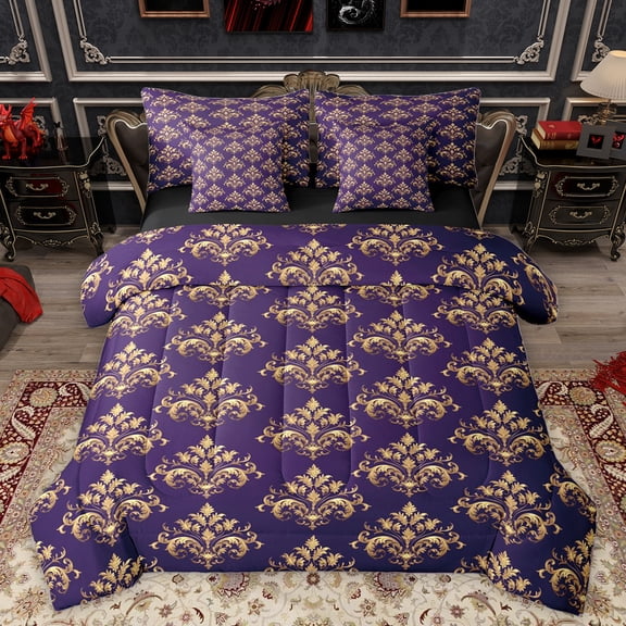 Homewish Rustic Victorian Flower 7-Piece Bedding Comforter Set,Baroque Pattern King Bedding Sets,Gold Damask Print Bed Sheets For Adult,Luxury Bedroom Decor Reversible