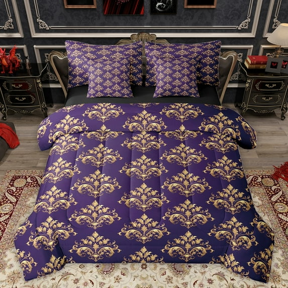 Homewish Rustic Victorian Flower 7-Piece Twin Bedding Sets,Baroque Pattern Bedding Comforter Set,Gold Damask Print Sheet Sets For Adult,Luxury Bedroom Decor Reversible