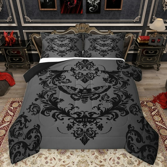 Homewish Rustic Victorian Flower Bedding Comforter Set,Baroque Damask Pattern Twin Comforter Sets,Gothic Moth Bedding Set For Adult,Luxury Bedroom Decor Reversible,2pcs