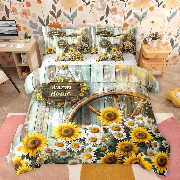 Homewish Rustic Warm Home Bedding Comforter Set 7pcs for Kids, Sunflower Groovy Floral Queen Bedding Sets, Vibrant Plant Botanical Queen Sheet Sets, Ultra Soft Bedroom Decor