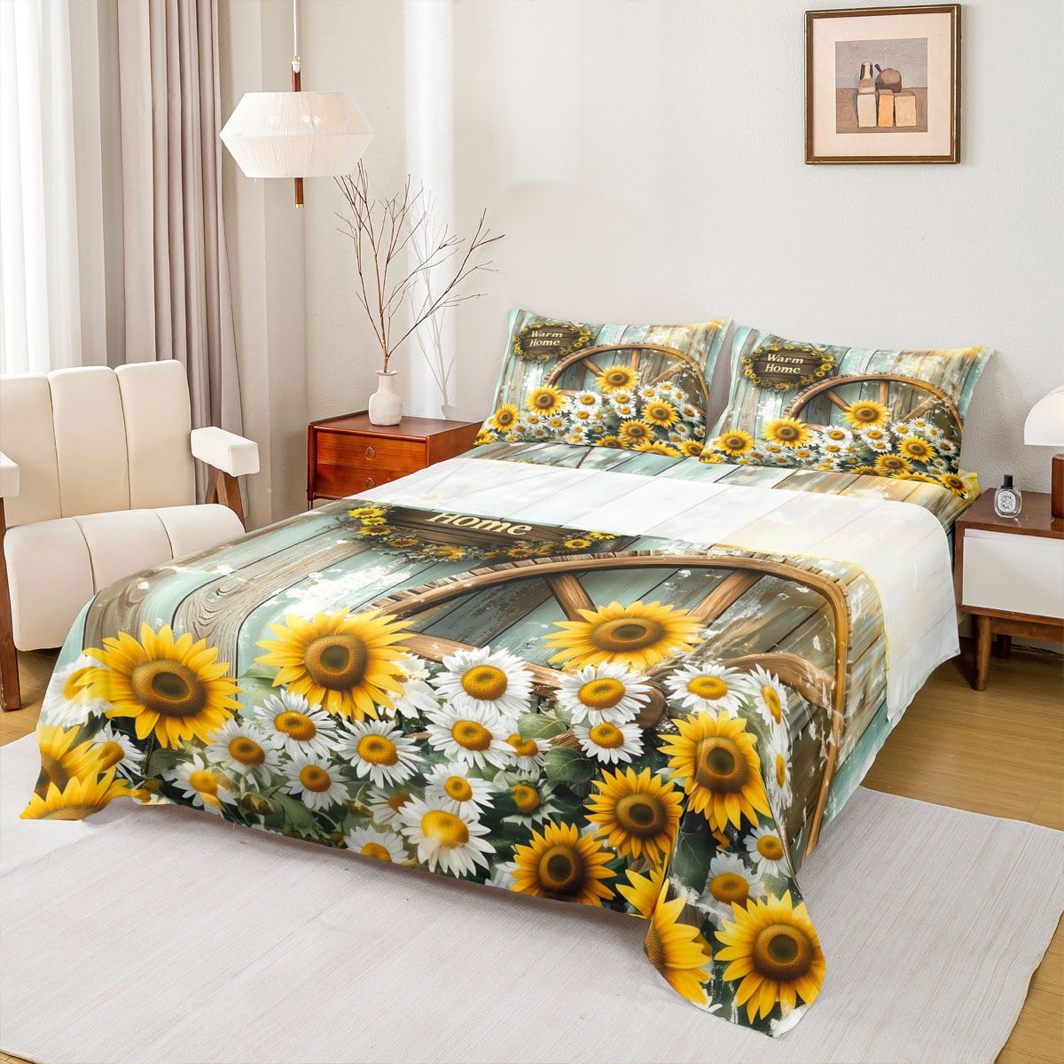 Homewish Rustic Warm Home Full Size Sheets for Kids, Sunflower Groovy Floral Bed Sheets, Vibrant Plant Botanical Sheet Sets, Ultra Soft Bedroom Decor, 4-Piece