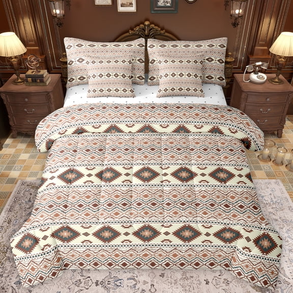 Homewish Rustic Western Aztec 7-Piece Bedding Comforter Set,Boho Bohemain Geometric King Bedding Sets,Beige Brown Bed Sheets For Teens,Breathable Home Decor Reversible