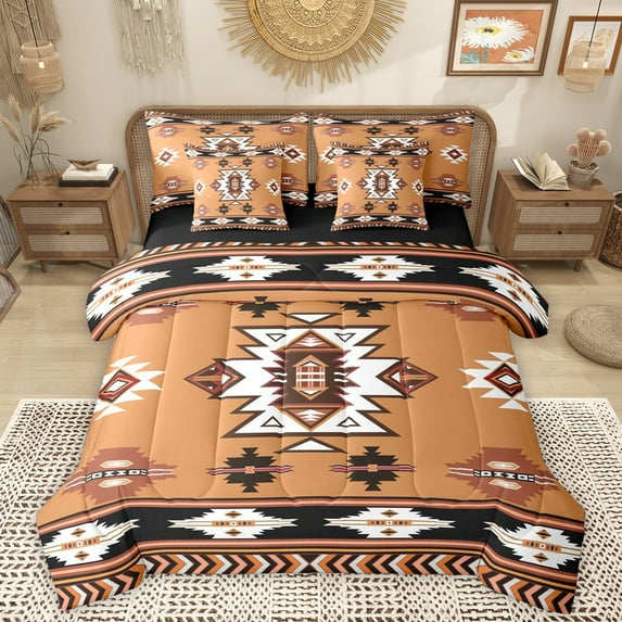 Homewish Rustic Western Aztec 7-Piece Twin Bedding Sets,Ancient Boho Tribal Bedding Comforter Set,Brown Beige Black Sheet Sets For Men Women,Breathable Home Decor Reversible
