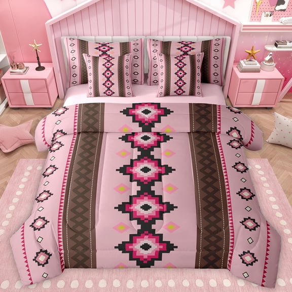 Homewish Rustic Western Aztec 7-Piece Twin Bedding Sets,Boho Bohemain Geometric Bedding Comforter Set,Pink Brown Sheet Sets For Teens,Breathable Home Decor Reversible
