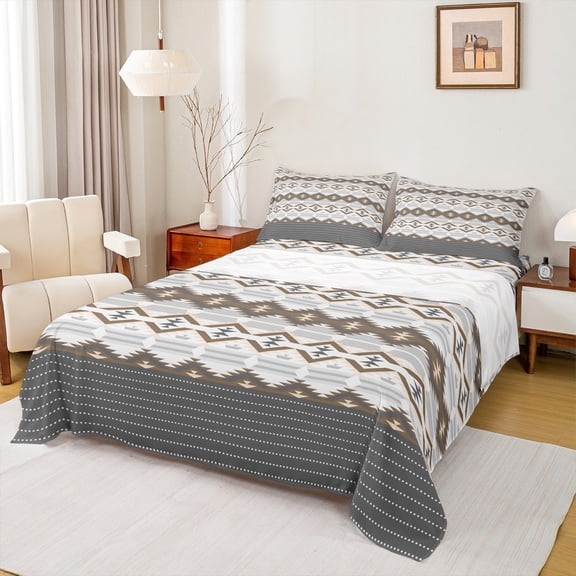 Homewish Rustic Western Aztec Bed Sheets,Boho Bohemain Geometric King Sheets,Gray Brown Sheet Set For Teens,Breathable Home Decor,4pcs