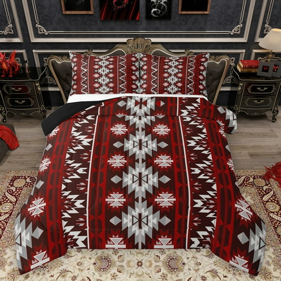 Homewish Rustic Western Aztec Bedding Comforter Set,Boho Geometric Triangle Twin Comforter Sets,Red Gray Bedding Set For Men Women,Super Cozy Room Decor Reversible,2pcs