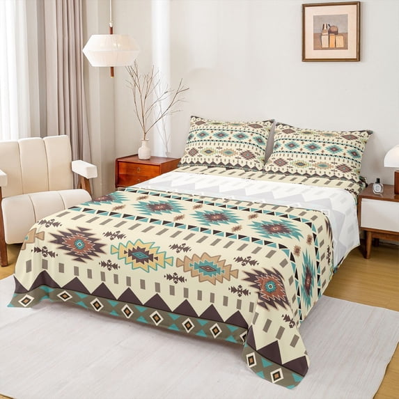 Homewish Rustic Western Aztec Queen Sheet Sets,Bohemian Style Flat Sheet,Beige Cyan Brown Queen Fitted Sheet For Men Women,Breathable Home Decor,4-Piece