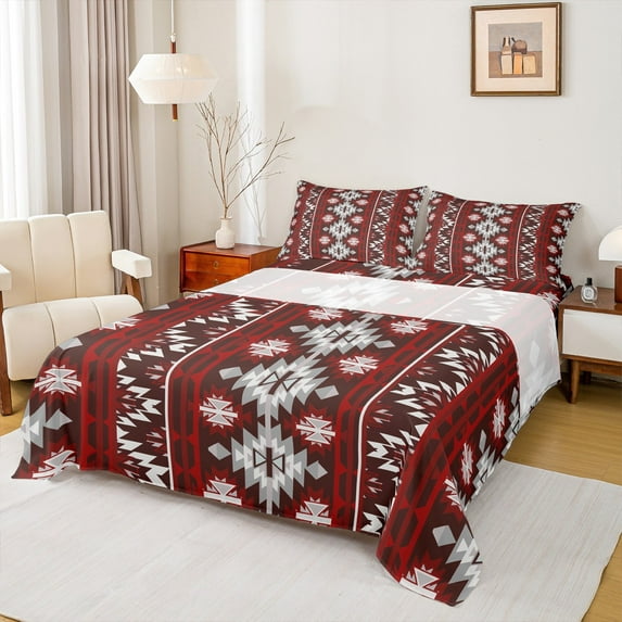 Homewish Rustic Western Aztec Queen Sheet Sets,Boho Geometric Triangle Flat Sheet,Red Gray Queen Fitted Sheet For Men Women,Super Cozy Room Decor,4 Pieces