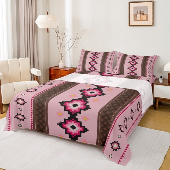Homewish Rustic Western Aztec Twin Sheet Sets,Boho Bohemain Geometric Twin Fitted Sheet,Pink Brown Flat Sheet For Teens,Breathable Home Decor,3 Pieces
