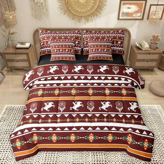 Homewish Rustic Western Cowboy 7-Piece Twin Bedding Sets,Boho Style Dreamcatcher Bedding Comforter Set,Red White Orange Sheet Sets For Men Women,Super Cozy Room Decor Reversible