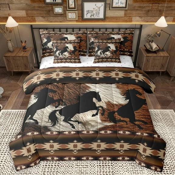 Homewish Rustic Western Cowboy 7-Piece Twin Bedding Sets,Country Cattle Hide Bedding Comforter Set,Retro Bohemain Aztec Sheet Sets For Boys Teens,Microfiber Bedroom Decor Reversible