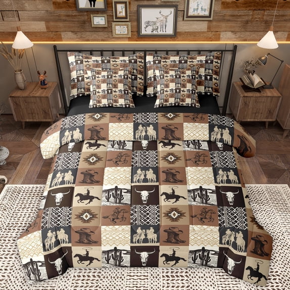 Homewish Rustic Western Cowboy 7 Pieces Bedding Comforter Set,Retro Bbull Skull Full Bedding Set,Vintage Aztec Geometric Fitted Sheet Flat Sheet For Boys Kids,Microfiber Bedroom Decor Reversible