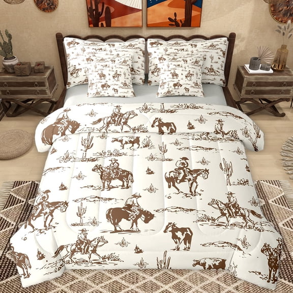Homewish Rustic Western Cowboy 7 Pieces Bedding Comforter Set,Tropical Desert Cactus Full Bedding Set,Country Farmhouse Cattle Fitted Sheet Flat Sheet For Boy Kids,Microfiber Bedroom Decor Reversible