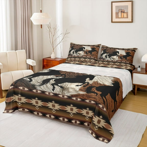 Homewish Rustic Western Cowboy Bed Sheets,Country Cattle Hide King Sheets,Retro Bohemain Aztec Sheet Set For Boys Teens,Microfiber Bedroom Decor,4 Pieces