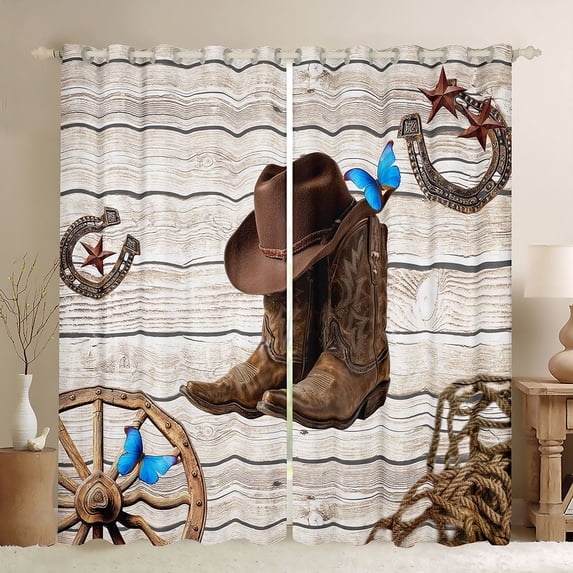 Homewish Rustic Western Cowboy Black Out Curtains,Brown Boots Horseshoe Curtains Pack of 2 (42x63 Each),Country Farmhouse Lodge Bedroom Curtains For Bots Kids,Microfiber Bedroom Decor