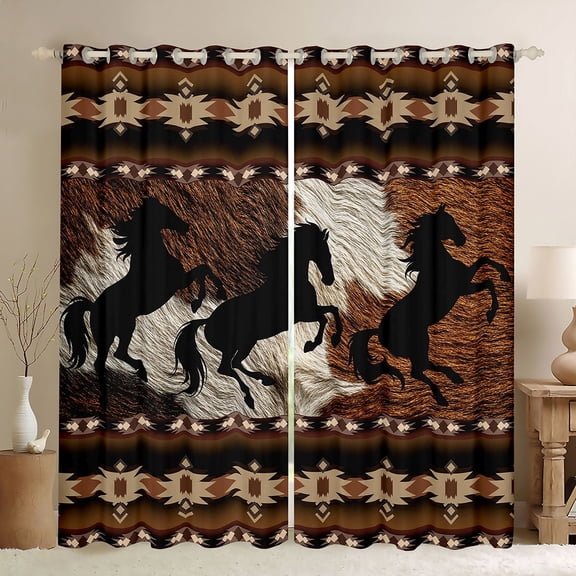 Homewish Rustic Western Cowboy Black Out Curtains,Country Cattle Hide Curtains Pack of 2 (42x63 Each),Retro Bohemain Aztec Bedroom Curtains For Boys Teens,Microfiber Bedroom Decor