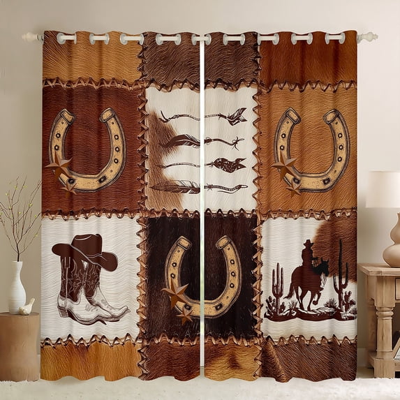 Homewish Rustic Western Cowboy Curtains Pack of 2 (42x84 Each),Retro Cattle Hide Curtains Blackout,Country Horseshoe Cowboy Boots Bedroom Curtains For Girl Boys,Ultra Soft Home Decor