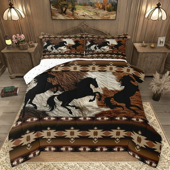 Homewish Rustic Western Cowboy Full Size Comforter Sets,Country Cattle Hide Bedding Comforter Set,Retro Bohemain Aztec Bedding Sets For Boys Teens,Microfiber Bedroom Decor Reversible,3pcs