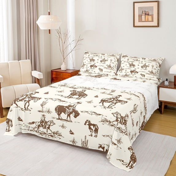 Homewish Rustic Western Cowboy Queen Sheet Sets,Tropical Desert Cactus Flat Sheet,Country Farmhouse Cattle Queen Fitted Sheet For Boys Kids,4 Pieces