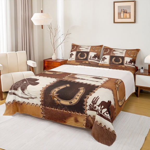 Homewish Rustic Western Cowboy Twin Sheet Sets,Retro Cattle Hide Twin Fitted Sheet,Country Horseshoe Cowboy Boots 03 For Girl Boys,Ultra Soft Home Decor,3pcs