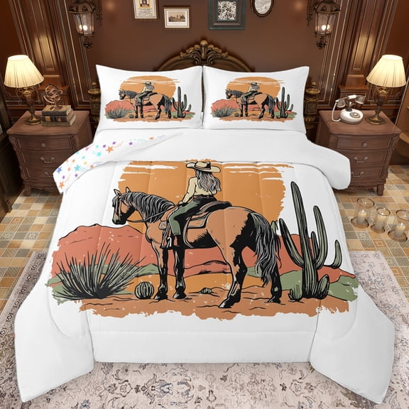 Homewish Rustic Western Cowgirl Queen Comforter Set,Desert Botanical Cactus Bedding Sets,Brown White Bedding Comforter Set For Girls,Ultra Soft Home Decor Reversible,3-Piece