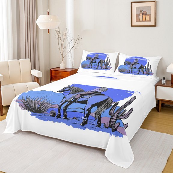 Homewish Rustic Western Cowgirl Twin Sheet Sets,Country Farmhouse Lodge Twin Fitted Sheet,Blue Oil Pianting Flat Sheet For Kids,Breathable Home Decor,3 Pieces