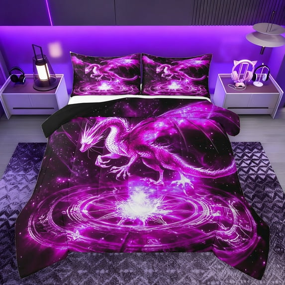 Homewish Rustic Western Dragon Queen Comforter Set,Cartoon Fantasy Theme Bedding Sets,Purple Black Bedding Comforter Set For Boys Kids,Ultra Soft Home Decor Reversible,3 Pieces